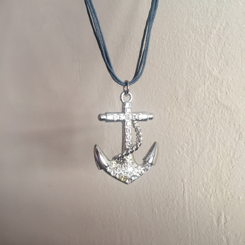 Rhinestone Anchor Necklace with Thin Blue Rope